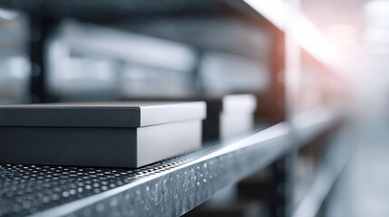Serene studio shot of box on shelf with diffused light. Represents order, storage, and packaging. Ideal for retail, logistics, and organizational themes.