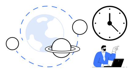 Earth, Saturn, and orbit lines alongside a clock and a man using a laptop, symbolizing exploration, productivity, and time. Ideal for innovation, research, teamwork planning leadership scheduling