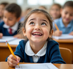 Happy Schoolgirl Learning in Classroom