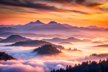 Obraz premium Majestic mountain range covered in fog during a colorful sunset or sunrise