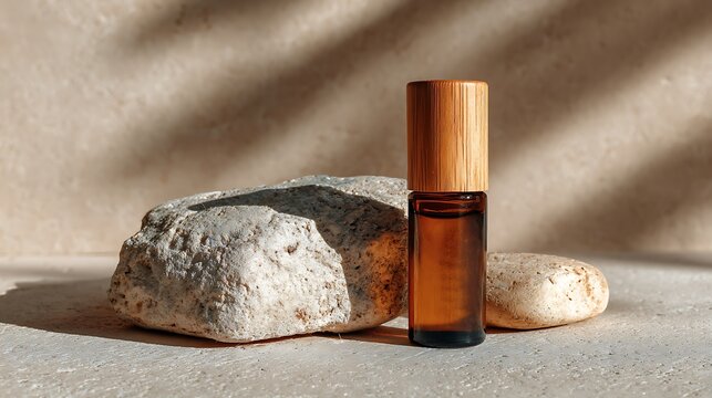 Amber essential oil bottle with wooden cap sits on a stone surface