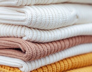 A close-up of a stack of cozy, chunky-knit autumn sweaters.
