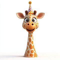 Funny cartoon party giraffe head isolated over a white background, offering a playful and joyful greeting card for birthday or festive events. 3D rendering, Generative AI
