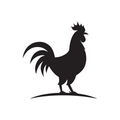 Stylized black silhouette of a rooster standing proudly against a warm orange circular background