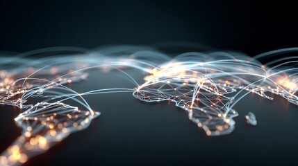 A glowing world map shows global network connections and communication