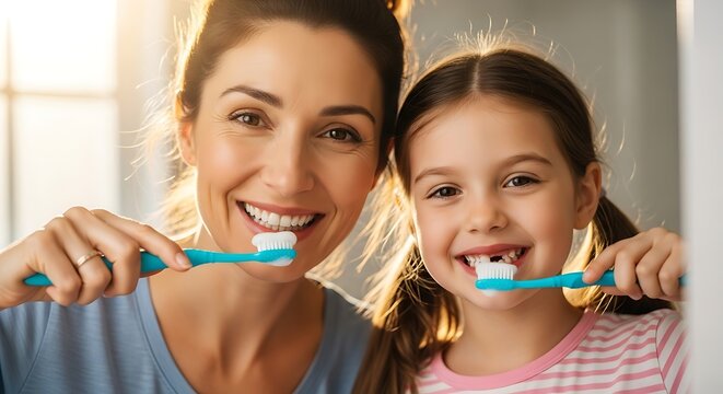 Smiling mother and daughter enjoying tooth brushing together