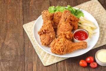 Crispy fried chicken is a dish made from pieces of chicken that have been coated with flour or a thin batter that is seasoned and fried, deep-fried, fried in a pressure fryer, or air-fried.