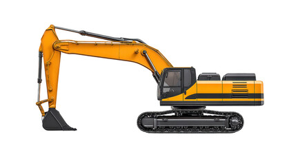 Fototapeta premium Excavator machinery in bright yellow color with long arm and bucket, designed for construction and digging tasks. This powerful equipment is essential for heavy duty projects