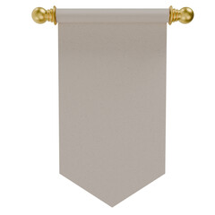 Elegant vertical hanging banner with gold rod ends, blank beige fabric for design template, event decoration, signage, or award display, 3d render
