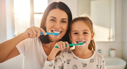 Happy mother and daughter brushing teeth together in bathroom