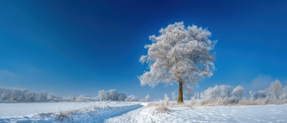 The majestic frost-covered tree standing alone in a winter paradise.