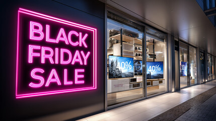 Black Friday sale sign with neon lights and store display windows