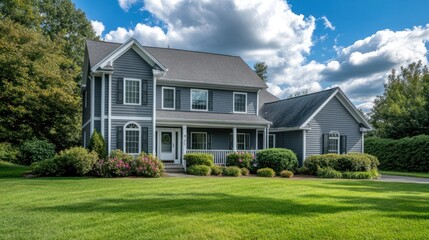 Suburban house, sunny day, green lawn, tree backdrop, real estate