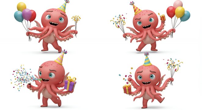 Cartoon octopus character set celebration party graphics