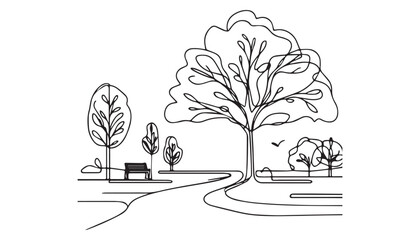 Continuous one single minimal line drawing park landscape