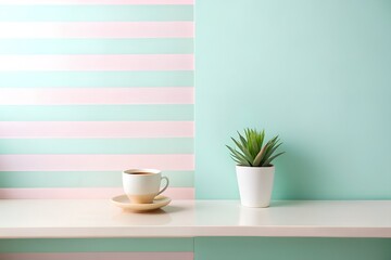 Coffee cup and succulent plant on desk against pastel color background