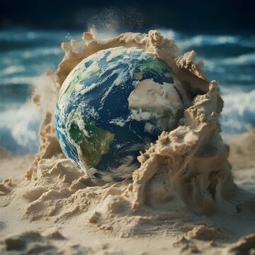 Planet Earth Emerging from Sand on Ocean Shore
