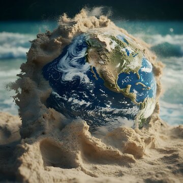 Surreal concept of Planet Earth emerging from sand on a sunny ocean shore