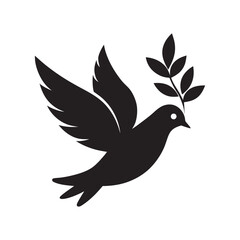 Black silhouette of a dove carrying a branch with leaves symbolizing peace and hope