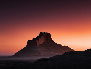 Monumental ziggurat rising against a vivid sunset. Evokes concepts of ancient civilizations, endurance, and mystery. Ideal for history, travel, and spiritual themes.