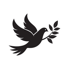Obraz premium A classic black silhouette of a dove in flight carrying a branch with green leaves symbolizing peace and hope