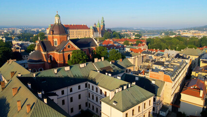 Obraz premium Drone view of European city tourism old town Krakow Poland