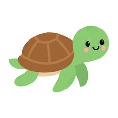 A cute cartoon turtle with a green body and brown shell. The turtle has a smiling face and is swimming in a playful manner.
