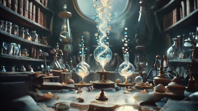 A magical chemistry video showcasing luminous molecules and mystical elixirs in a dreamy laboratory, emphasizing the marvels of molecular science and discovery.