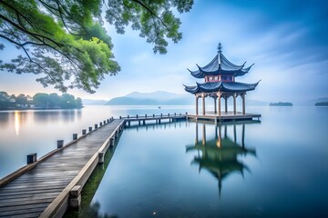 Beautiful scenery of the pavilion in the lake in hangzhou, china