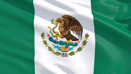 Naklejka premium Close-up of Mexican flag showing detailed coat of arms with eagle devouring snake atop cactus, vibrant green, white, and red stripes, symbol of national identity and cultural heritage.