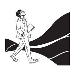 Fototapeta premium A stylishly dressed person with glasses walks forward holding a folder looking upwards with a hopeful expression