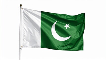 Pakistan national flag waving on a white background, featuring green field with white crescent and star, symbolizing peace, progress, and Islamic heritage.
