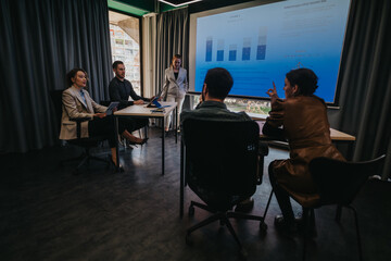 Fototapeta premium Group of business people collaborating in a meeting room, analyzing data and brainstorming ideas.