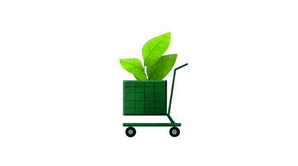 Green shopping cart filled with vibrant green leaves symbolizes eco friendliness and sustainability. This represents blend of nature and commerce, promoting greener lifestyle