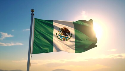 Mexican flag waving in the sunlight with clear sky, featuring green, white, and red stripes and national coat of arms, symbolizing heritage, pride, and independence.