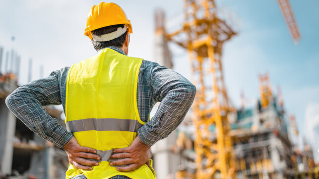 A construction worker, seen from behind, wearing a hard hat and high-visibility vest, holding his lower back in pain while observing a bustling construction site with cranes and buildings - Powered by Adobe