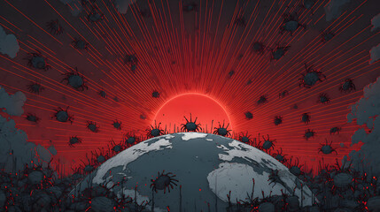 Surreal landscape of giant glowing ticks crawling over a melting earth with radiating red disease vectors