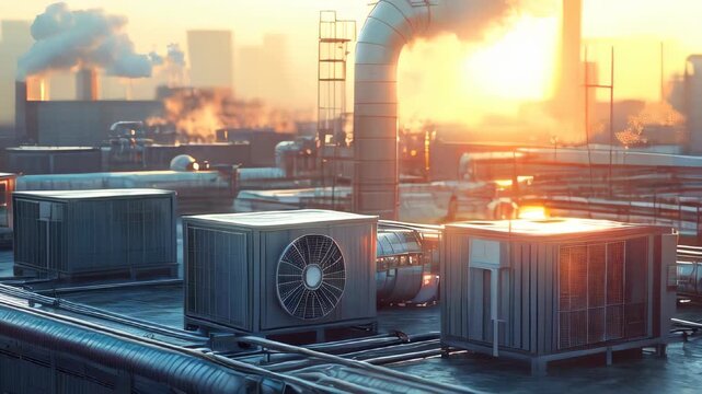 Video showing rooftop HVAC systems atop industrial buildings, highlighting climate control equipment in a commercial setting.