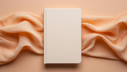 Elegant mockup of a blank hardcover book or diary on a delicate peach-colored silk fabric. Top view flat lay for design presentation.