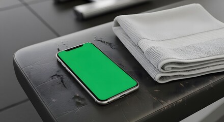 A smartphone with a green screen sits on a gym bench next to a folded white towel.