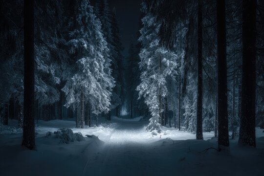 Snow-covered forest path at night (1)