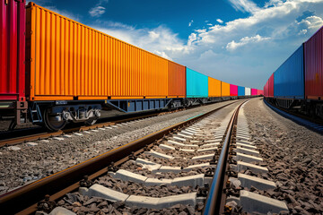 Obraz premium Industrial freight train with vibrant cargo containers in motion.