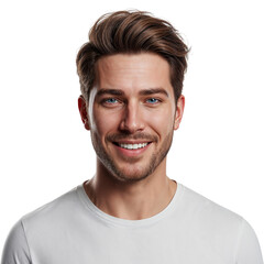 Obraz premium Smiling young man with short brown hair and beard wearing a white t shirt isolated on transparent background
