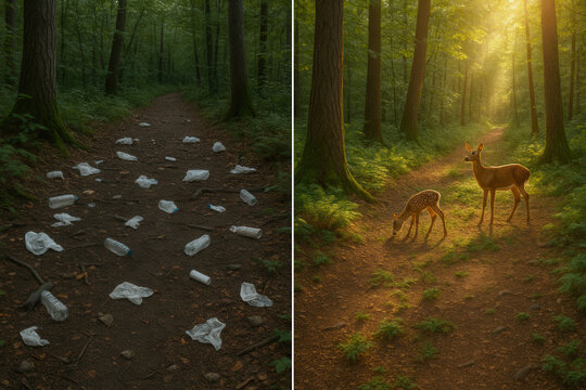 Environmental awareness forest path photography lush greenery natural lighting conservation message