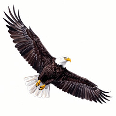 Naklejka premium A majestic bald eagle illustration captured in mid-flight with wings fully extended. This detailed drawing of the iconic bird of prey is isolated on a white background.