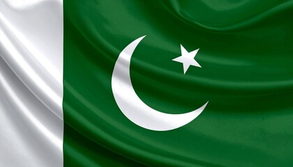 Pakistani flag with flowing silk texture, featuring green field with white crescent and star, and vertical white stripe