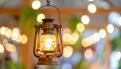 Illuminated antique lantern hangs, warm light against bokeh lights