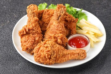 Crispy fried chicken is a dish made from pieces of chicken that have been coated with flour or a thin batter that is seasoned and fried, deep-fried, fried in a pressure fryer, or air-fried.
