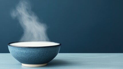 A steaming bowl sits on a surface against a deep blue background, evoking warmth and comfort, perfect for food blogs, culinary articles, or wellness content