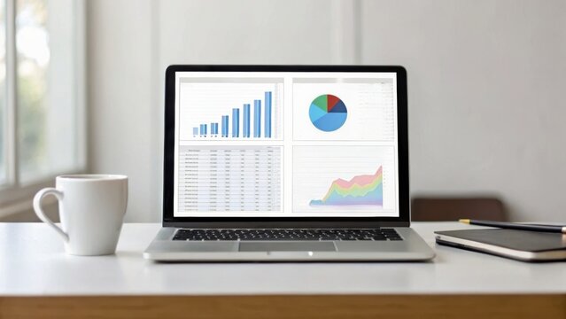 A laptop displaying graphs and charts sits on a desk beside a coffee mug and smartphone in a bright, modern workspace.